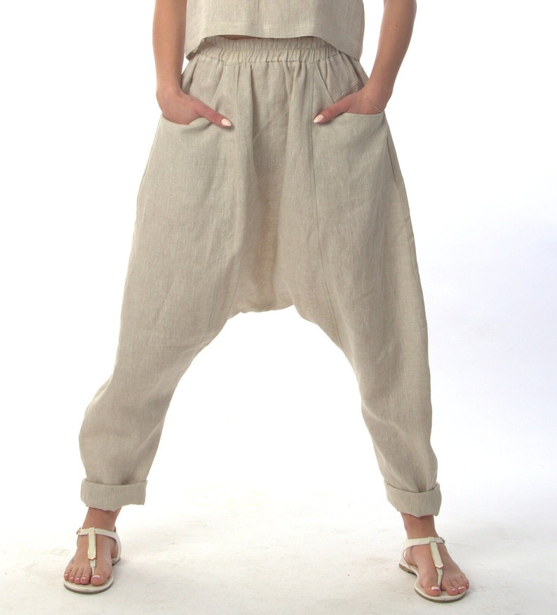 Linen Pants, Harem Pants, Women Pants, Plus Size Clothing, Baggy Pants, Linen Clothing, Wide Leg Pants, Drop Crotch Pants, High Waist Pants image 1