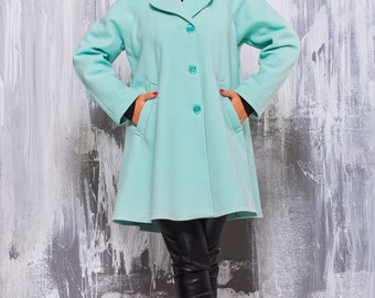 Handmade Mint Swing Coat Women, Round Collar Retro Knit Coat, Vintage Quiet Luxury Outerwear