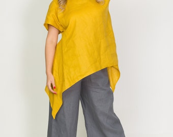 Asymmetrical Linen Tunic: Square Neck Backless Top