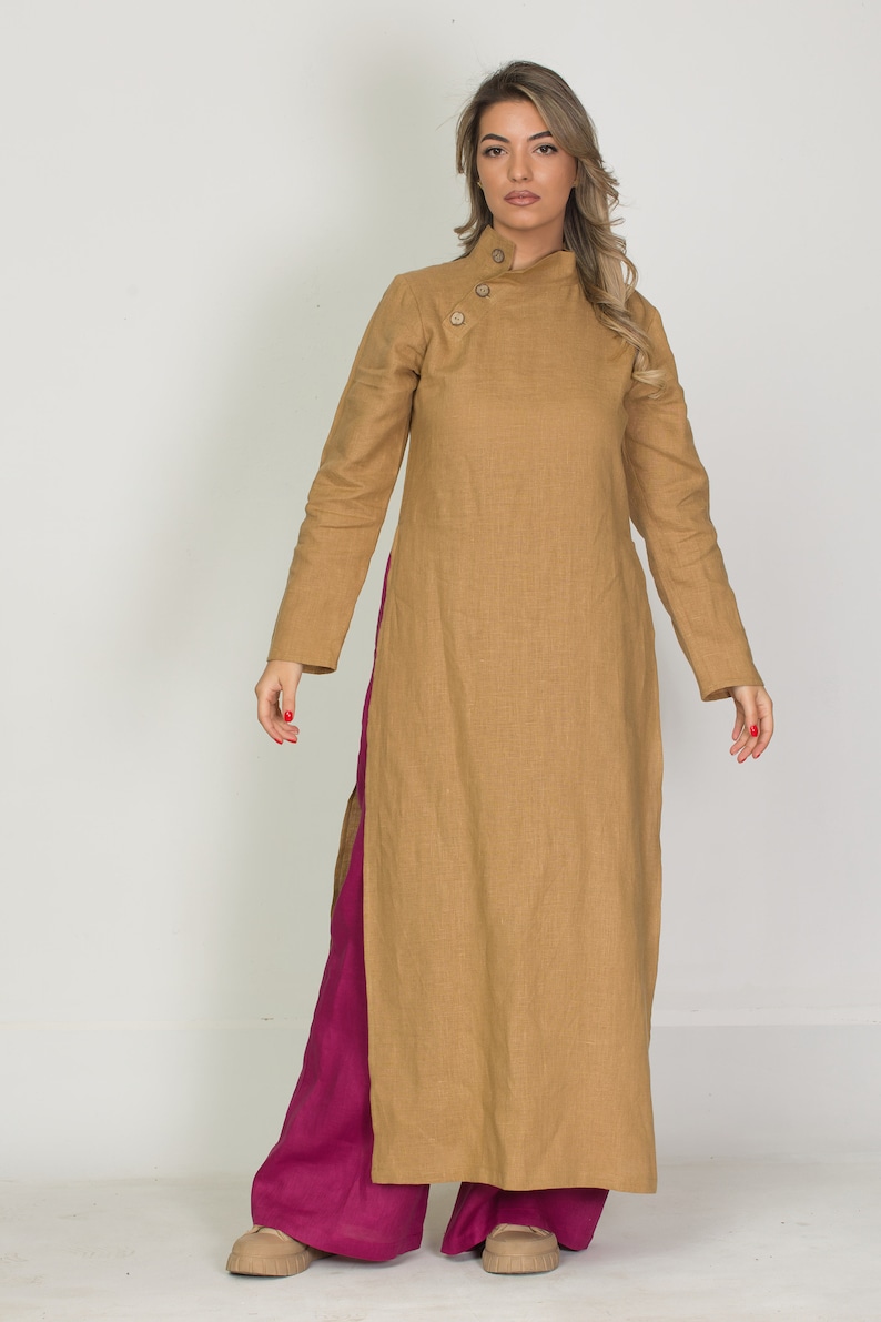 Original Long Linen Tunic with Chinese Collar ,Modern Asymmetrical Button Up, Long Sleeve Sahara Color Robe, Unisex Mandarin Collar Dresses image 6