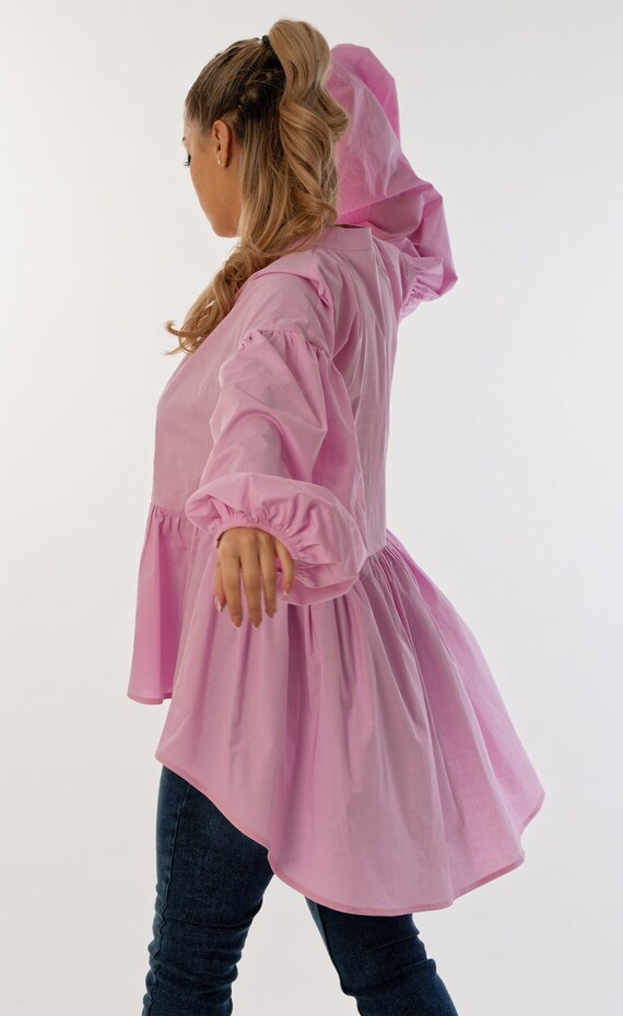 Cotton Peplum Blouse, Pink Cropped Shirt, Asymmetrical Chinese Style Collar Tunic, Fashion Bohemian Shirt With Adjustable Bubble Sleeve