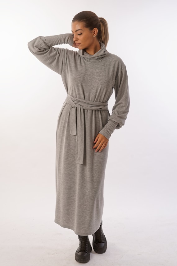 Long Wool Sweater Dress, Minimalist Winter Workwear, Loose Fit Long Sleeve Shift Dress, Understated Elegant Everyday Clothing