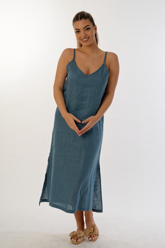 Sophisticated linen dress with thin straps and side slits - Modernity and clean design,Long summer tunic, Pareo color sea , Linen nightgown