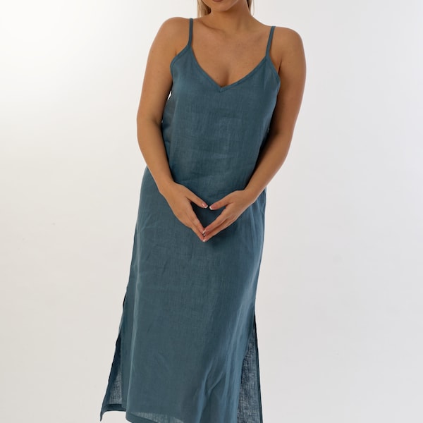 Sophisticated linen dress with thin straps and side slits - Modernity and clean design,Long summer tunic, Pareo color sea , Linen nightgown