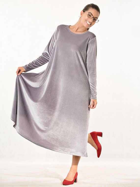 Gray Color Round Neck Long Sleeves A-line Party Velvet Midi Dress, Velvet Clothes, Plus Size, Plush Dress, Clothing for a Special Occasion