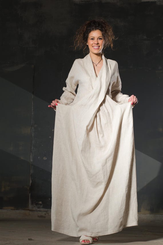 Women's Linen Kimono Dress, Long Dress with Long Sleeves, Elegant Dress, Linen Abaya, Casual Kaftan, Linen Kaftan, Linen Dresses,Maxi Dress