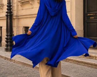 Gothic Hooded Maxi Cardigan, Asymmetrical Handkerchief Hem, Thumbhole Sleeves, Side Pockets, Removable Belt