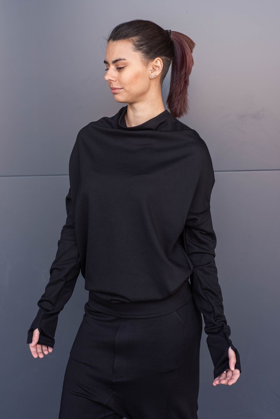 Extravagant Blouse, Long Sleeves with Thumb Hole, Modern Turtleneck,Futuristic Women's Clothing, Stylish Top, Balloon-shaped knitted sweater