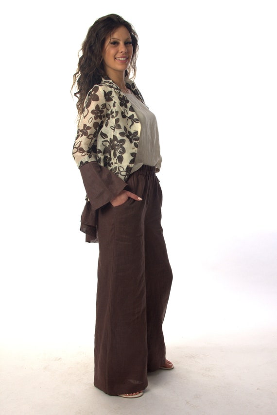Casual Pants Linen, Women Brown Wide Leg Linen Pants ,Plus Size Palazzo Linen Pants For Women, Japanese Style Linen, Pants Elastic Waist