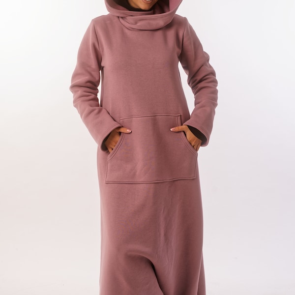 Women's Long Hoodie, Winter Maxi Sweatshirt Dress, High Collar Dress ,Maxi Dress ,Winter Abaya Long