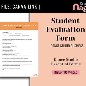 May include: A printable student evaluation form for dance studios. The form is designed to help dance studios gather feedback from their students. The form includes questions about the instructor, the class, and the overall dance experience. The form is available for instant download.
