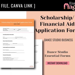 Può includere: Un modulo di domanda di borsa di studio e di assistenza finanziaria stampabile rosa e arancione per un'azienda di studio di danza. Il modulo include sezioni per le informazioni sul partecipante, le informazioni sui genitori/tutori, le informazioni sullo studio di danza, i dettagli della borsa di studio/assistenza finanziaria e le informazioni finanziarie. Il testo "Enroll Magnet" è nell'angolo in alto a destra dell'immagine.