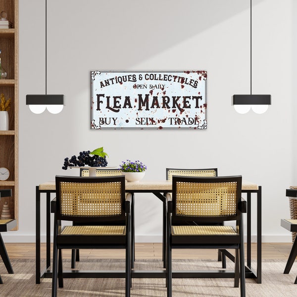 Flea Market White Distressed Sign | 1/2" Black or White Edge Foam Print | Flea Market Sign | Distressed Sign | Wall Art | FAST SHIPPING