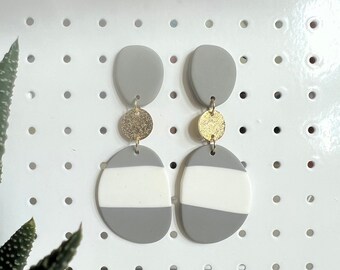Modern Asymmetrical gray earrings Stripe earrings Gray and white striped earrings Gift for her