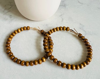 Beaded hoop earrings Wood hoop earrings Large hoops Wood bead earrings Boho earrings Hippie Earrings