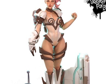 Neon Retro Sci-Fi Pinup Miniature | Female Space Explorer with Robot Companion for Display or Painting | 3D Printed Resin Figure