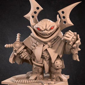 May include: A beige figurine of a goblin-like creature with red eyes, large ears, and sharp teeth. The figure is holding a weapon in one hand and a mechanical device in the other. The figurine has large, wing-like structures on its head. The base of the figurine has the text "Bite the Bullet".