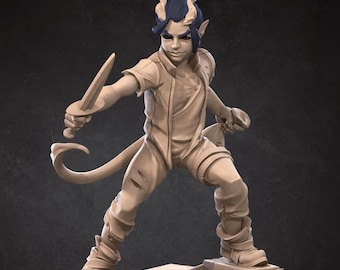 Tiefling Girl Rogue Miniature | Infernal Street Urchin Thief for D&D, Daggerheart, or Pathfinder | 3D Printed Resin RPG Fantasy Mini Figure