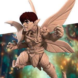 May include: A tan-colored figurine of a fairy with large wings, pointed ears, and brown hair. The fairy is in a dynamic pose, with one leg extended and arms outstretched. The fairy is wearing leaf-like clothing and a rope necklace.
