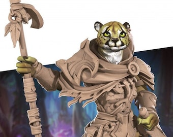 Tabaxi Katari Cheetah Ranger Fighter with Spear Miniature | Catfolk dungeons and dragons tabletop rpg mini from |Bite the Bullet