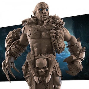 May include: A detailed figurine of a warrior with a fierce expression. The figure is sculpted in a light brown color and has a skull and bone belt. The warrior is wearing a fur cloak and has sharp claws on their hands.