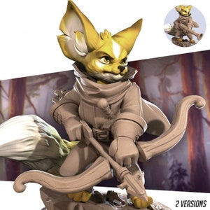 May include: A 3D printed figurine of a fox-like creature with large ears, wearing a hooded cloak and holding a bow and arrow. The figurine is painted in shades of brown and yellow, and has a detailed, realistic appearance. The figurine is standing on a base, and there is a smaller version of the figurine in the background.
