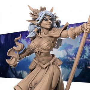 May include: A detailed figurine of a female elf warrior with flowing white hair, wearing ornate armor and holding a staff with a flame at the end. The figurine is painted in shades of brown and white.