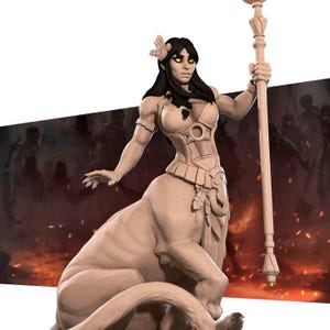 May include: A beige centaur figurine with a woman's upper body and a lion's lower body. The woman has long black hair, a decorative headpiece, and is holding a staff. The background features a blurred, fiery scene.