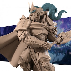 May include: A detailed miniature figurine of a warrior elf, sculpted in a light brown color. The elf is wearing a helmet with a crown, armor, and a cape. The elf is holding a large axe in their right hand. The elf has a long, flowing blue ponytail.