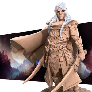 May include: A detailed figurine of a fantasy warrior with long white hair, red eyes, and pointed ears. The figure is clad in armor and holds two curved swords. A flowing cape and intricate details enhance the character's design.