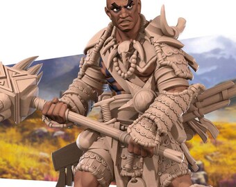 Human Bloodrager | Tribal Barbarian Warrior Chieftain with Spiked Maul | 3D Printed Resin RPG Fantasy Mini Figure for D&D or Pathfinder