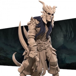 May include: A detailed figurine of a fantasy warrior with a horned helmet, long blue hair, and red eyes. The warrior is clad in armor and holds two curved blades. The figure is a neutral beige color, with a detailed design.