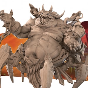 May include: A detailed, light brown figurine of a monstrous creature with horns, multiple eyes, and sharp teeth. The figure has a large, muscular build with armor-like details and clawed appendages, suggesting a fantasy or gaming theme.
