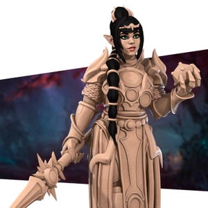 May include: A detailed figurine of a female fantasy character in armor, holding a staff and a small orb. The figure has long black hair, pointed ears, and is adorned with a crown. The armor is a light tan color, and the background is a blurred mix of dark blues and reds.