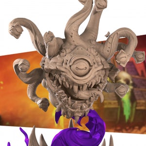 May include: A detailed, 3D printed miniature of a beholder, a creature from Dungeons & Dragons. The beholder has a large, central eye and multiple smaller eyes on stalks. It has a gaping maw with sharp teeth and a purple, swirling cloud beneath it.