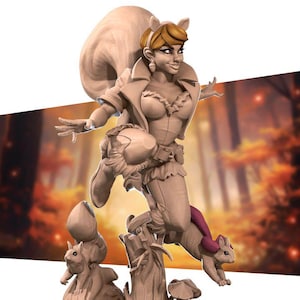 May include: A detailed sculpture of a woman with squirrel-like features, including ears and a fluffy tail. She is depicted mid-leap, with a squirrel companion. The sculpture is in a neutral color, set against a blurred forest backdrop.