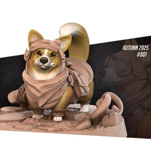May include: A detailed figurine of a corgi dog wearing a pilot's cap, goggles, and a scarf. The corgi has a backpack and is standing on a rocky base. The text "AUTUMN 2025 #001" is visible in the background.
