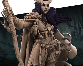 Tiefling Druid Miniature: Female Caster with Staff - RPG Gaming Figure