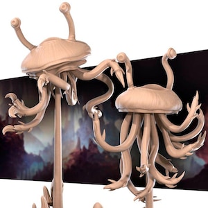 May include: Two beige, stylized, alien-like sculptures. Each has a mushroom-shaped top with multiple tendrils and curved arms. The arms end in claw-like shapes. The sculptures are on tall, thin stems.