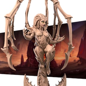 May include: A beige-colored figurine of a humanoid female figure with insectoid features, posed with outstretched arms. The figure has a detailed exoskeleton, and is supported by large, skeletal appendages. The background features a blurred landscape.
