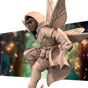 May include: A detailed illustration of a fantasy figure with large, detailed wings. The figure is wearing a hooded outfit with armor-like details. The color palette is primarily beige and brown, with a focus on texture and form.