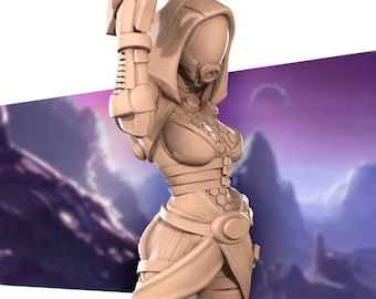 Sci-Fi Pinup Miniature | Female Space Pilgrim Gunslinger for Starfinder, D&D, Daggerheart, or Pathfinder | 3D Printed Resin Mini