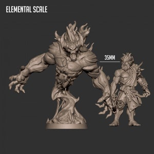 May include: A grey unpainted miniature figurine set labeled ELEMENTAL SCALE. The left figure is a large, muscular creature with a rocky, flame-like texture and an open-mouthed expression. The right figure is a 35mm tall humanoid warrior with a beard.