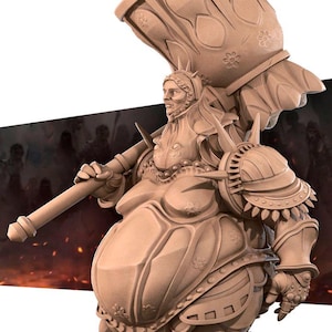 May include: A detailed, tan-colored figurine of a character in ornate armor, holding a large hammer. The figure has a stern expression and is adorned with floral and spiked details. The background features a blurred scene of figures and flames.