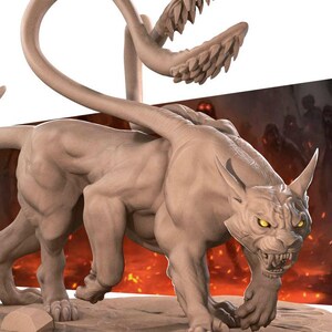May include: A beige, unpainted miniature figurine of a multi-limbed feline creature with glowing yellow eyes, sharp teeth, and two long, tentacle-like appendages extending from its back, standing on a textured, rocky base.