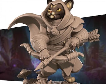 Cat Archer Miniature | Catfolk Tabaxi Ranger with Bow and Hood for DND, Daggerheart or Pathfinder | 3D Printed Resin Fantasy RPG Mini Figure