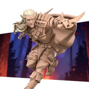 May include: A tan-colored figurine of a fantasy character in a dynamic pose. The figure has long, flowing hair, pointed ears, and is clad in detailed armor and a cape. The character is mid-action, with one arm extended.