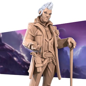 May include: A tan-colored figurine of a man in a long coat, vest, and tie, holding a cane and a gun. The figure has white hair and a stylized face. The background is a blurred purple and blue landscape.