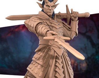 Tiefling Oathbreaker Paladin Miniature | Dual Sword Infernal Warrior for D&D or Pathfinder | 3D Printed Resin RPG Fantasy Mini Figure