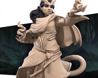 Tiefling Sorceress Miniature | Female Infernal Spellcaster for D&D, Daggerheart, RuneScape or Pathfinder | 3D Printed Resin Fantasy Mini